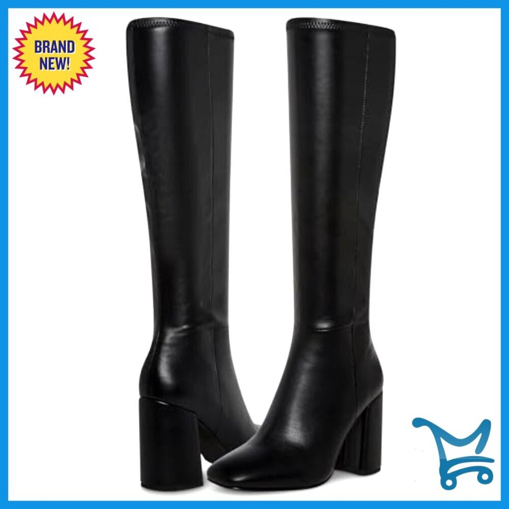Faux Leather Knee High Boots Square Toe Chunky Heel Side Zip - Picture 6 of 7
